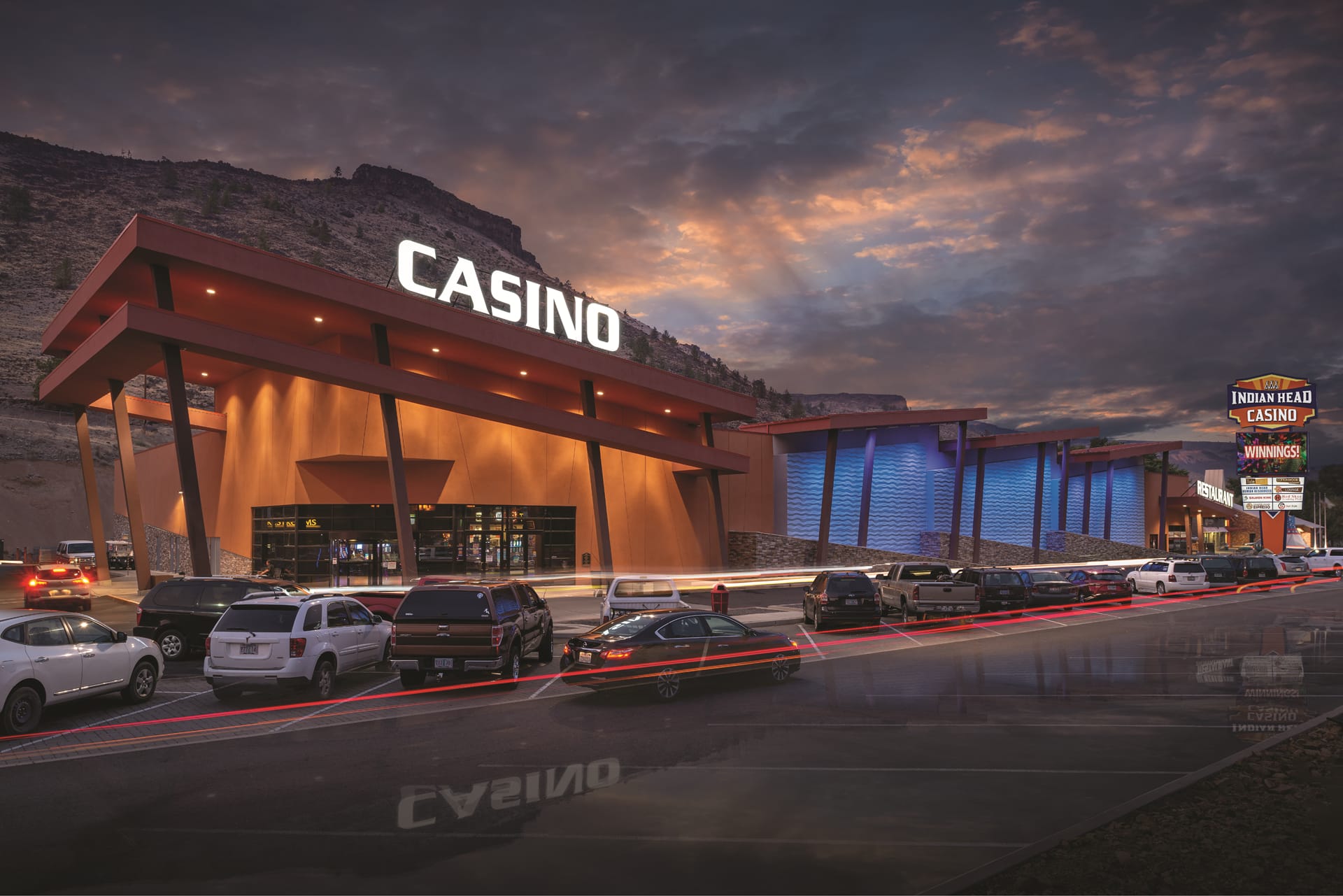 Indian Head Casino exterior at dusk