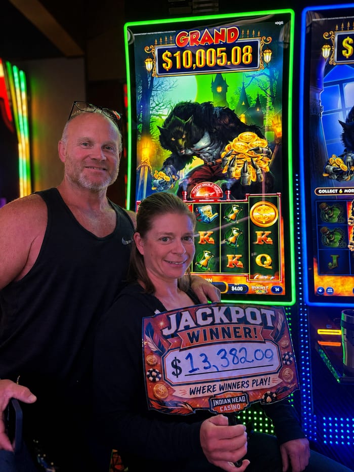 Emily Kreiling celebrating her jackpot win at Indian Head Casino