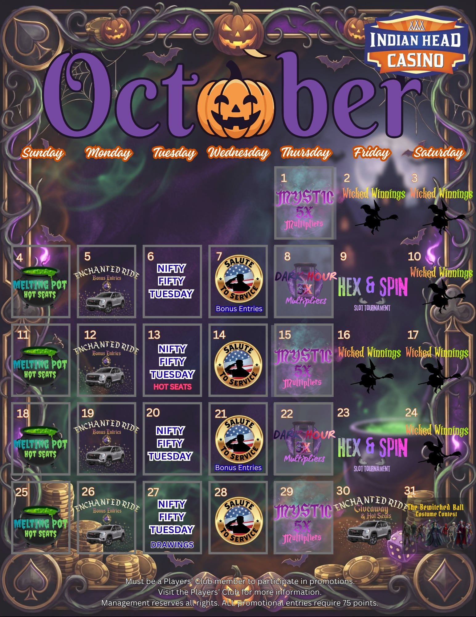 October 2026 promotions calendar showing each day's promotion at Indian Head Casino